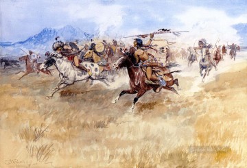 La batalla entre los pies negros y los piegans 1897 Charles Marion Russell Pinturas al óleo